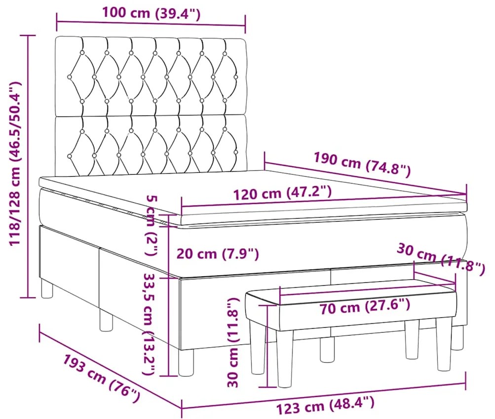 Cama boxspring com colchão 120x190 cm tecido cinzento-claro