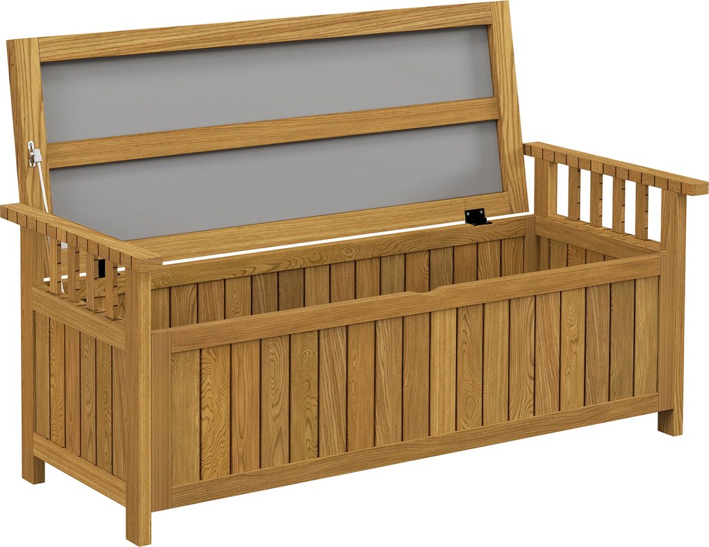 Banco de jardim de 2 lugares em madeira com espaço de arrumação de 151 L, banco de exterior com braços, 128,5 x 56 x 53,5 cm, castanho