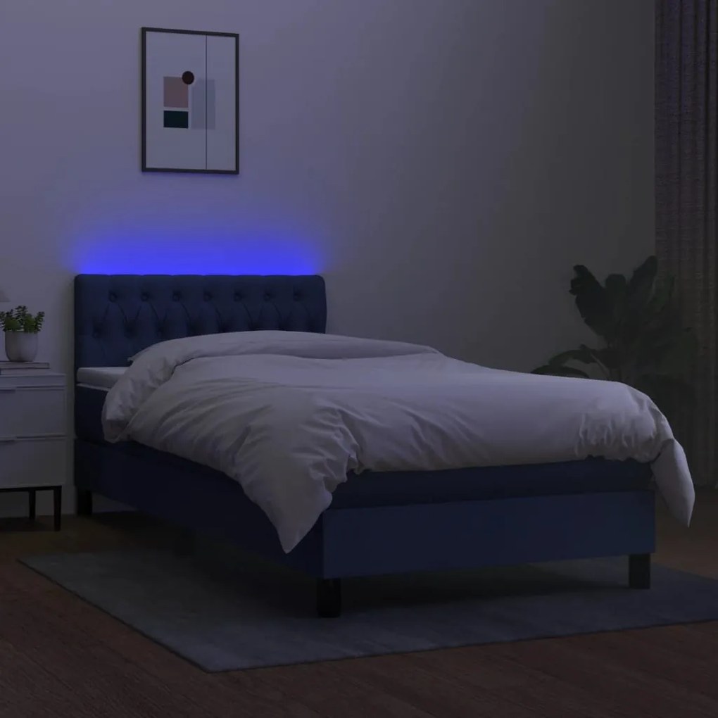 Cama box spring c/ colchão e LED 90x190 cm tecido azul