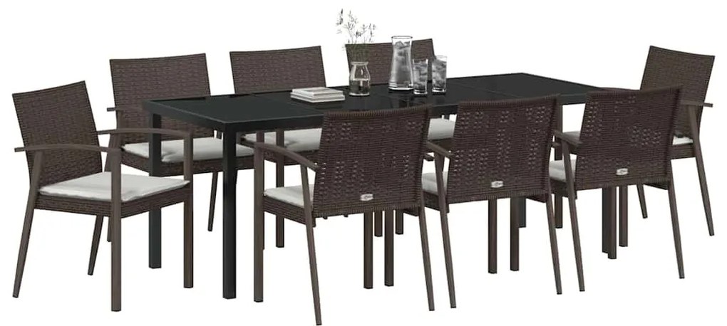 Conjunto de Jantar pra Jardim com 9 peças e almofadas marrons em ratta