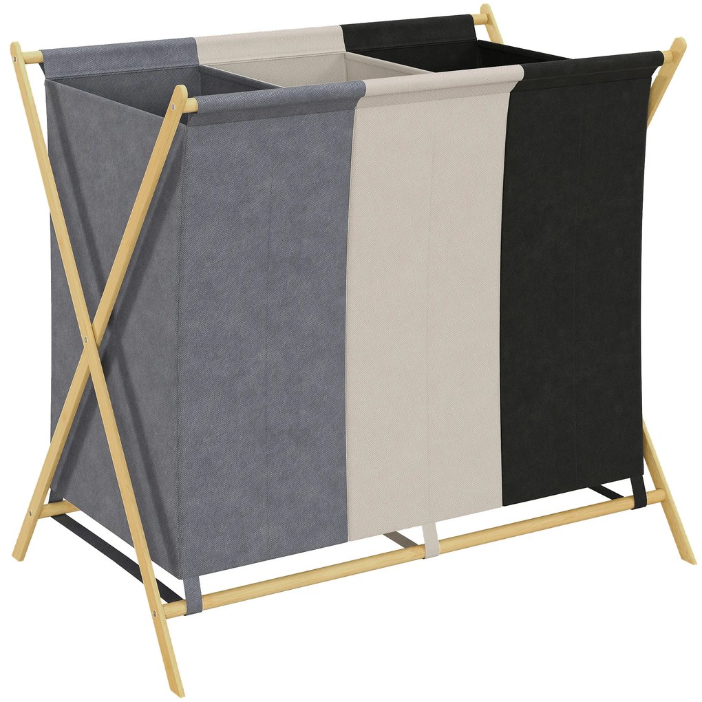 Cesto para Roupa Suja Dobrável com 3 Compartimentos Capacidade 129L com Estrutura de Bambu e Sacos Removíveis Multicolor