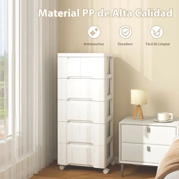 Armário de armazenamento 40 x 32 x 96 cm com 5 gavetas Rodas universais e traváveis Recipiente de armazenamento de plástico branco