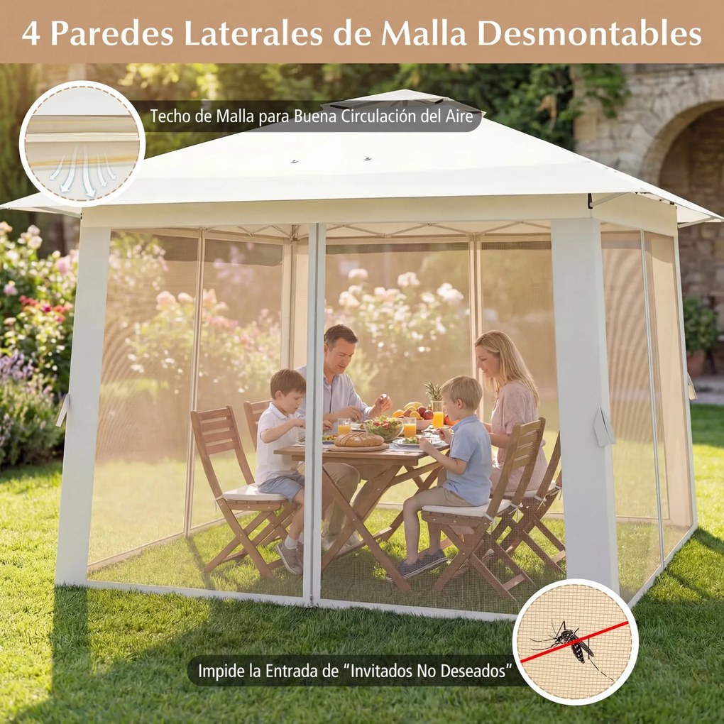 Tenda de Jardim Dobrável, 394 x 394 cm, Cobertura Dupla e Rede, Bege