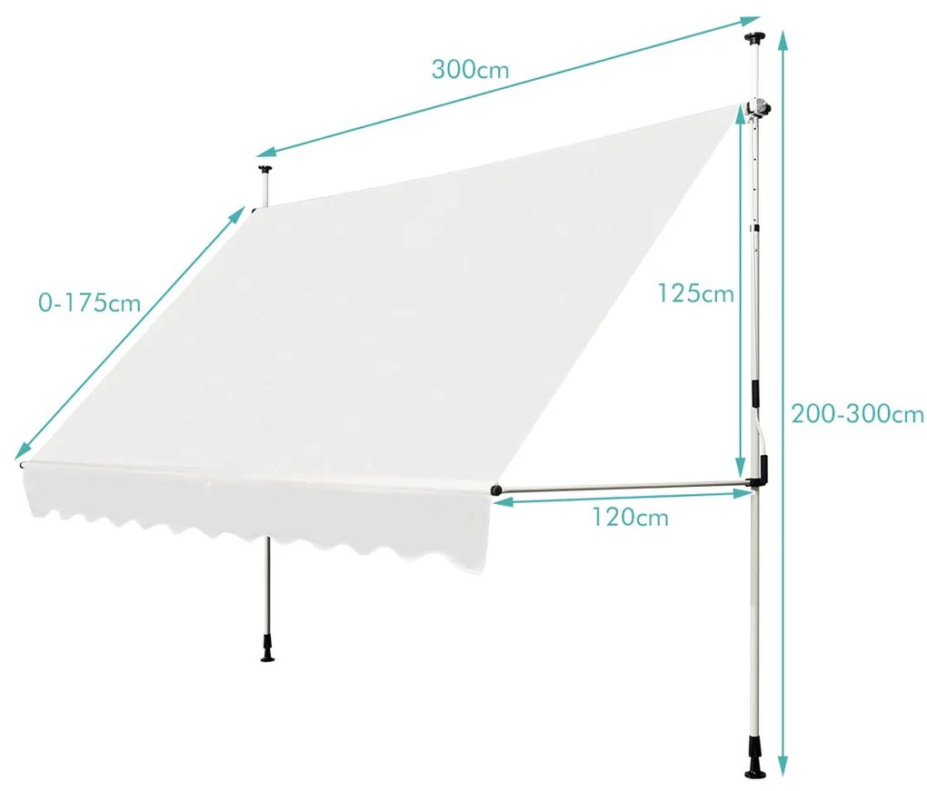 Toldo telescópico e retrátil 300 x 120 cm resistente aos raios UV impermeável com manivela manual e altura ajustável para janela varanda bege