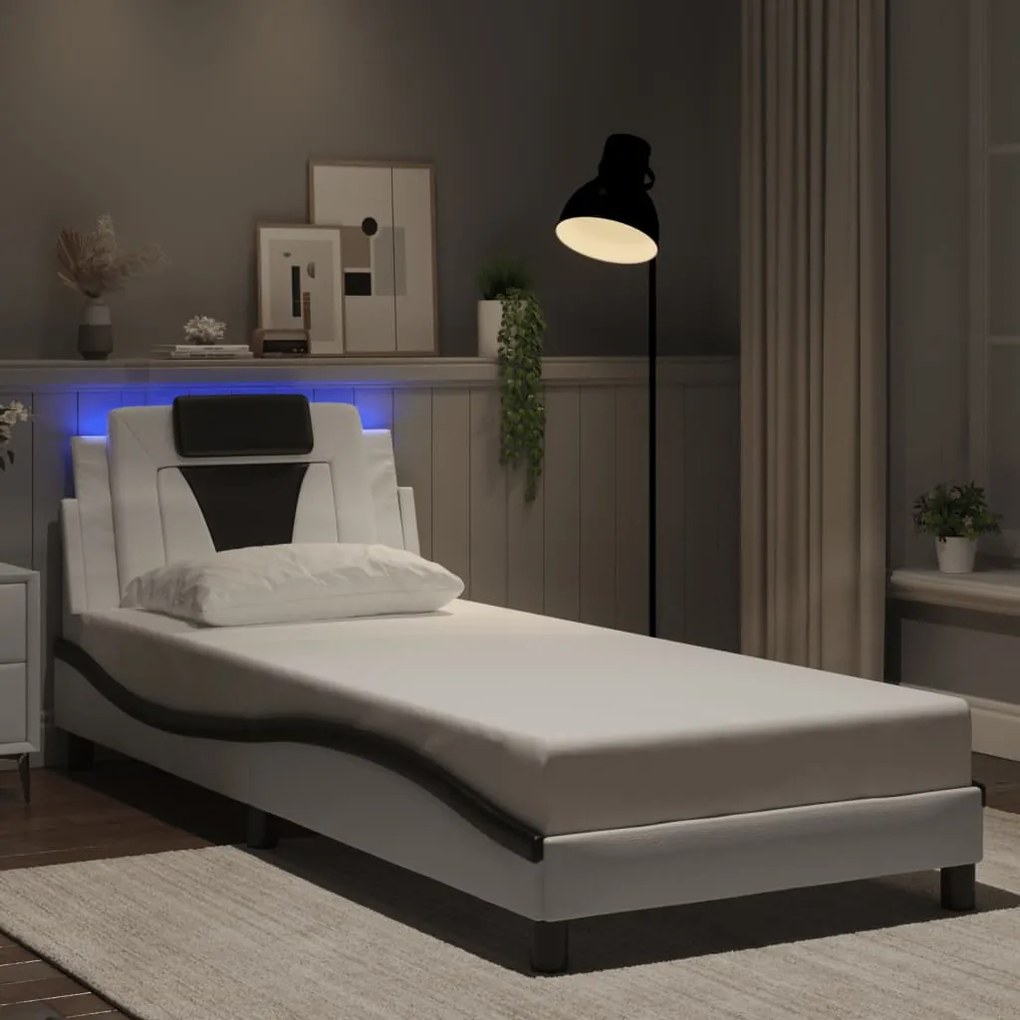 vidaXL Estrutura cama c/ luzes LED 80x200 cm couro artif. branco/preto