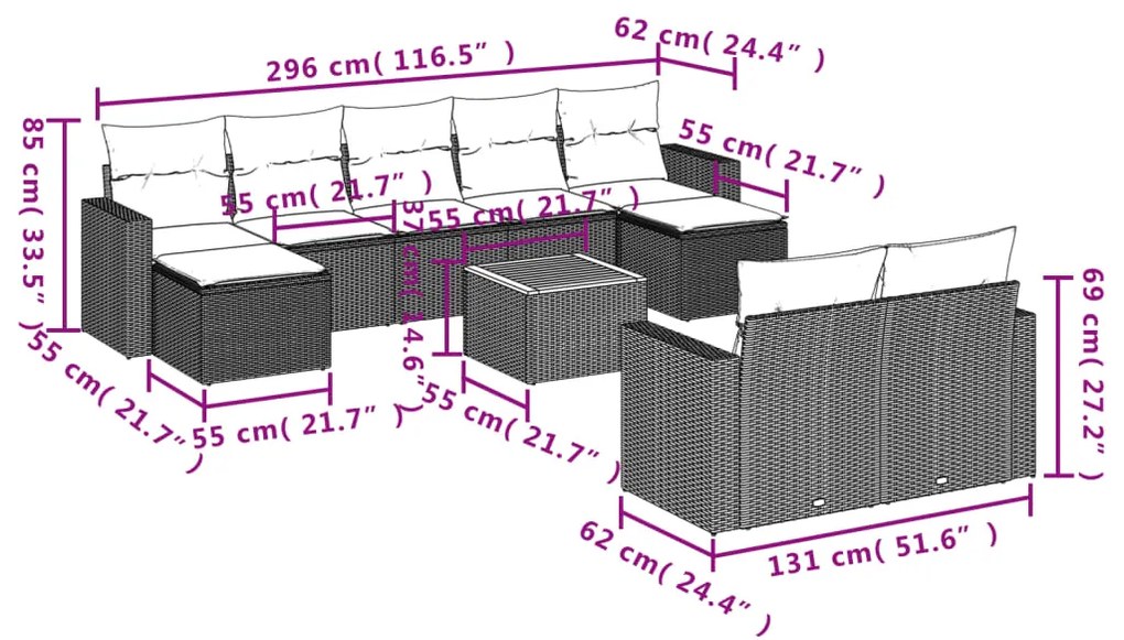 10 pcs conjunto sofás de jardim c/ almofadões vime PE cinzento