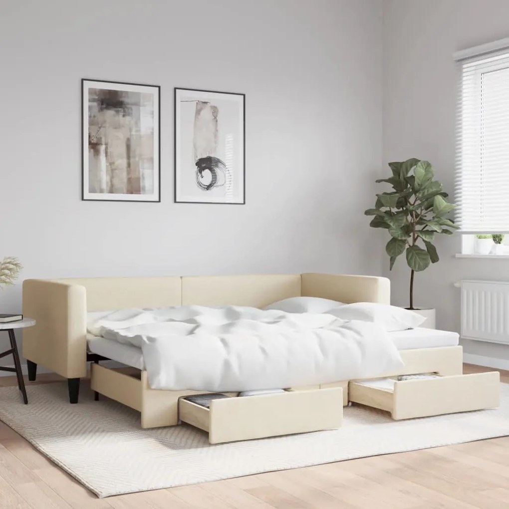 vidaXL Sofá-cama com gavetão e gavetas 90x200 cm tecido cor creme