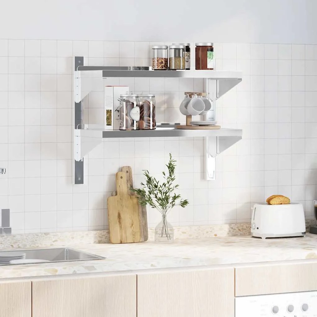 Estante parede 2 prateleiras 75x30x60 cm aço inoxidável prata
