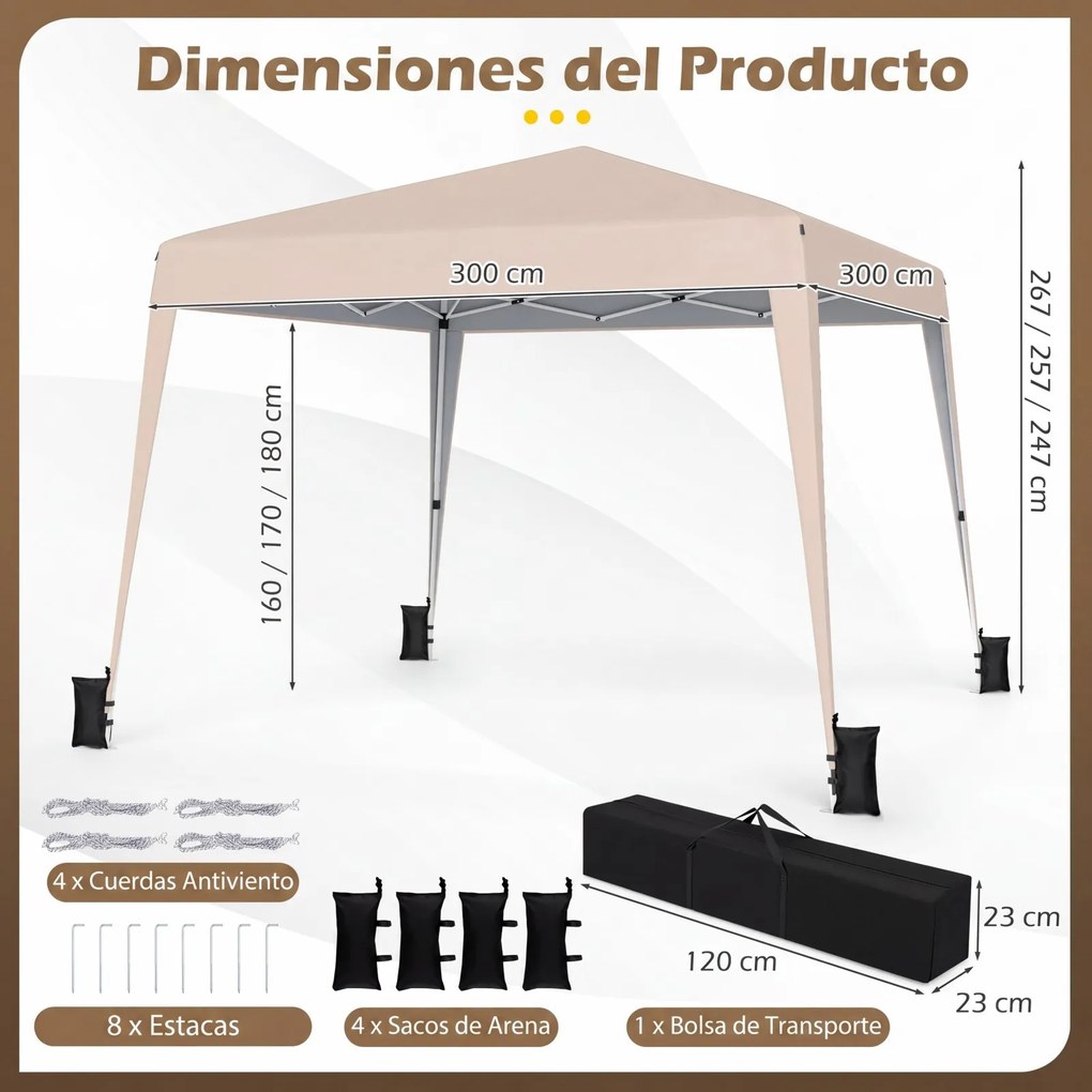 Tenda Dobrável para Exterior, 300 x 300 x 247-267 cm, Altura Regulável com 4 sacos pesos, Bege