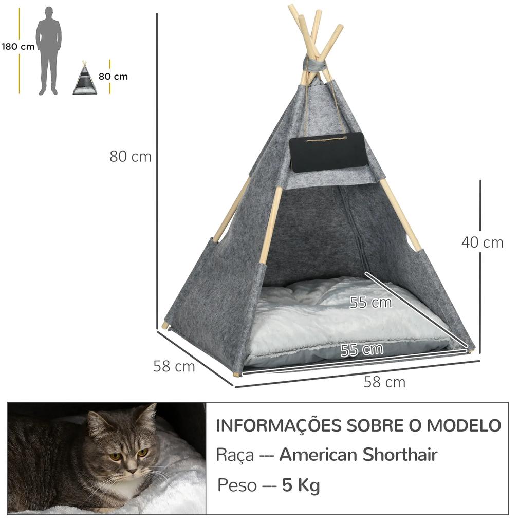 PawHut Tenda tipi para Animais de Estimação de Feltro com Almofada lavável e Removível 58x58x80cm Cinza