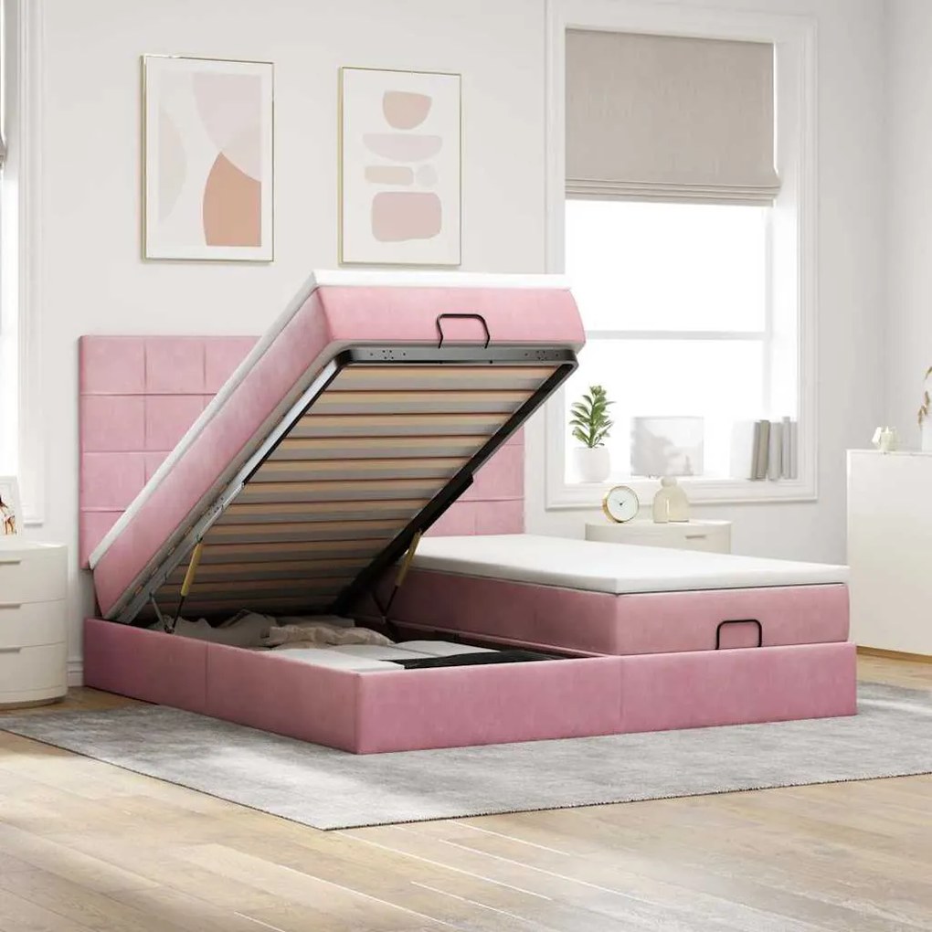 vidaXL Estrutura de cama otomana com colchões 160x200 cm veludo rosa