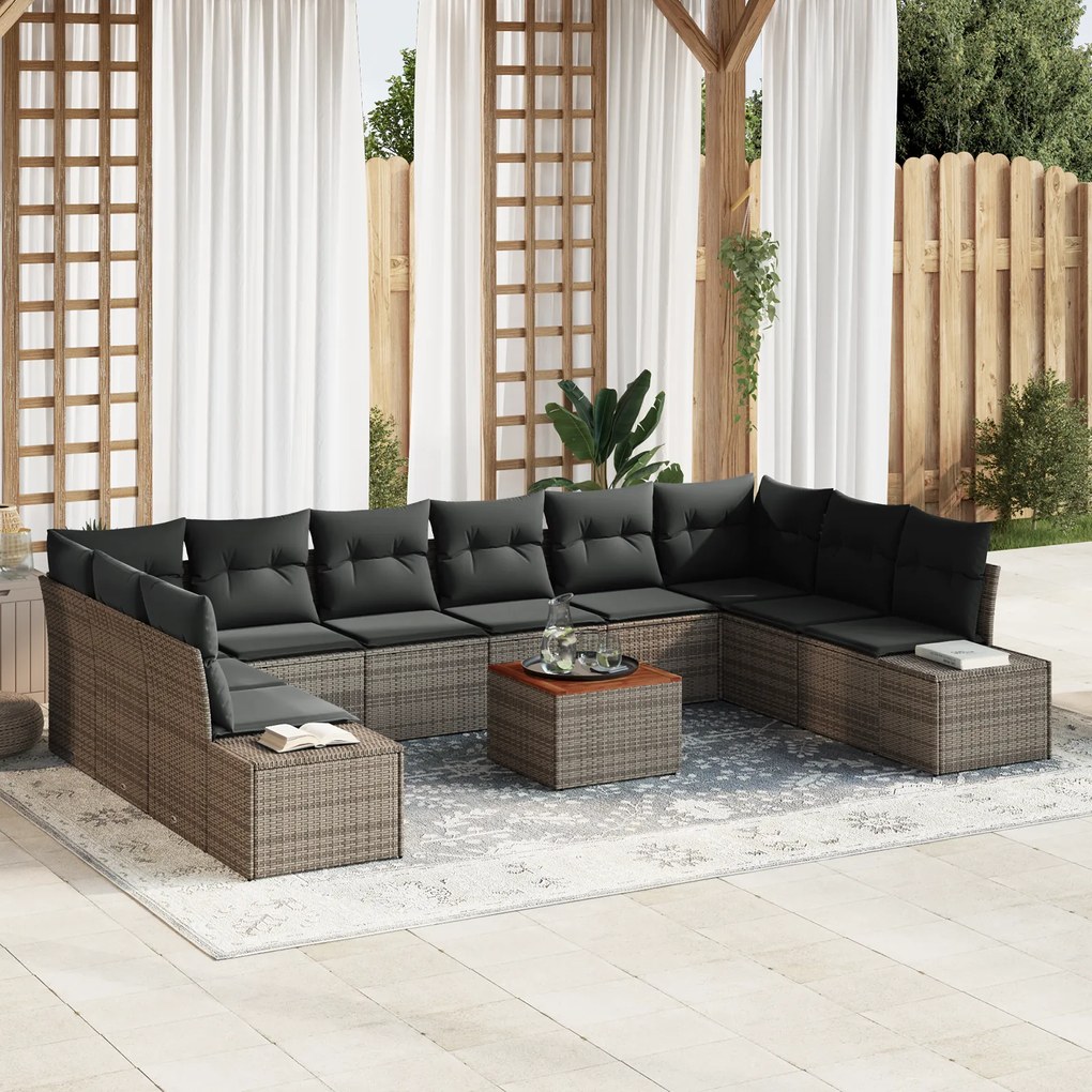 vidaXL Conjunto de Sofá de Jardim de 11 Peças com Almofadas Cinzas de Polirattan Acácia