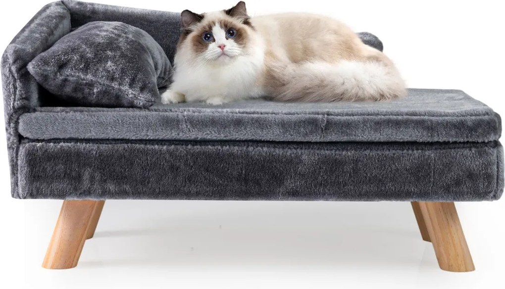 Cama elevada para animais de estimação 71 x 43 x 40 cm com almofada e travesseiro removíveis, pernas de madeira e encosto alto cinza escuro