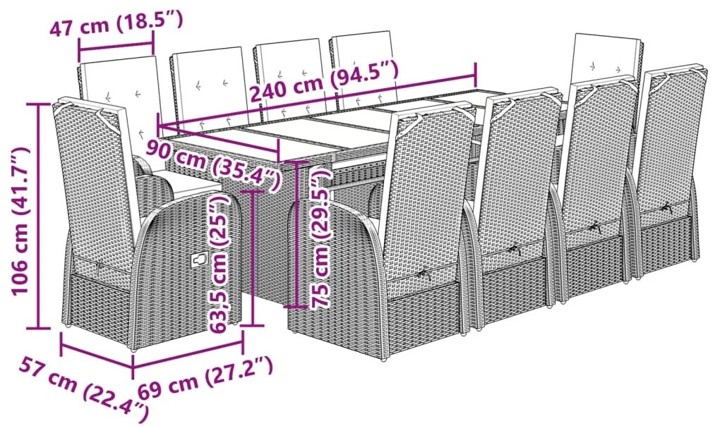 11 pcs conjunto jantar p/ jardim c/ almofadões vime PE cinzento