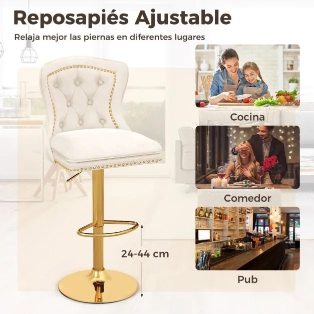 Conjunto de 2 bancos de bar estilo holandês em veludo com apoio para os pés Base metálica giratórios ajustável Branco e dourado