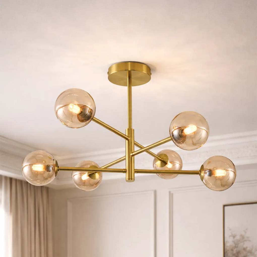 Plafond moderno latão com vidro âmbar 6-luzes - Ryan