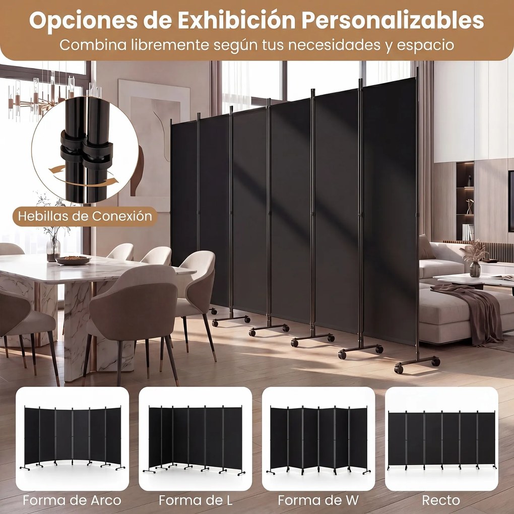 Biombo  Separador de Espaço Dobrável de 6 Painéis, 331,5 x 35,5 x 173 cm, Rodas com Travão, Preto