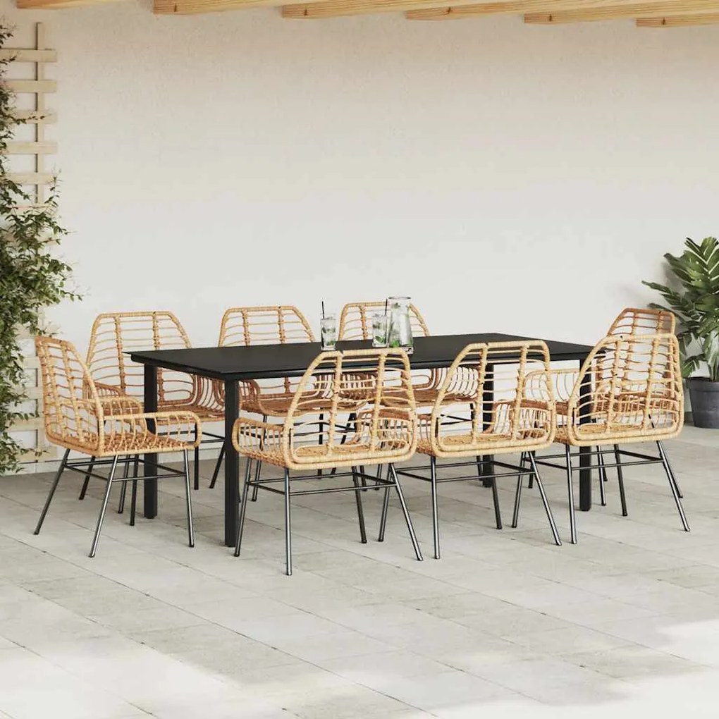 Conjunto jantar jardim 9 peças vidro vime PE castanho