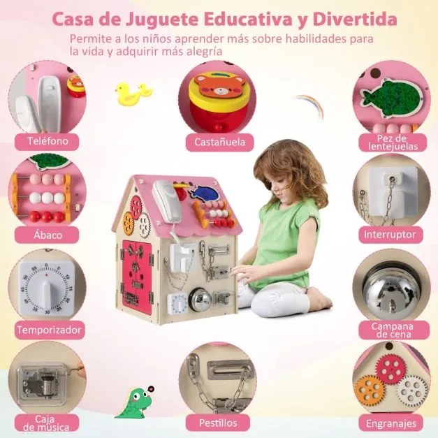 Casa de actividades em madeira com parque infantil sensorial e espaço de arrumação no interior Brinquedo educativo para 3+ anos 33 x 33 x 45 cm Rosa