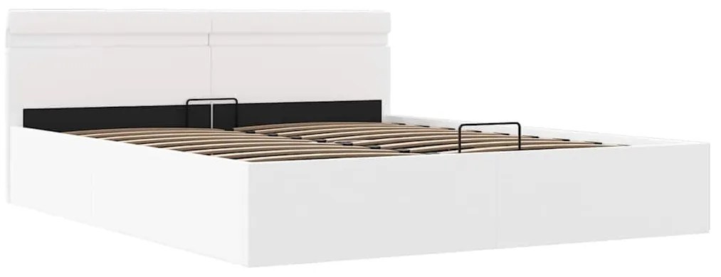 Cama hidráulica c/ arrumação LED 160x200cm couro artif. branco