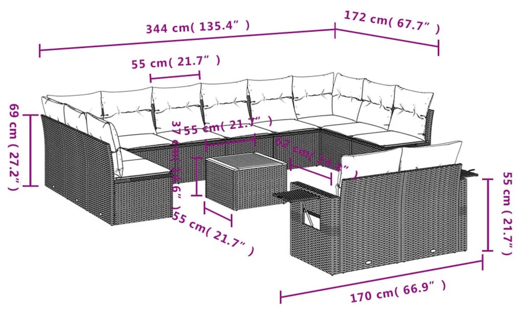 13 pcs conjunto de sofás de jardim com almofadões vime PE preto