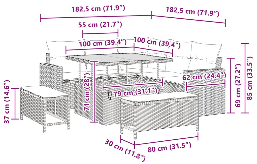 Conjunto de Sofás de Jardim vidaXL de 8 Peças com Almofadas Preto Ratt