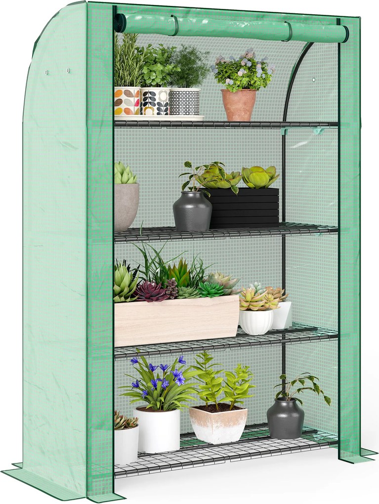 Mini estufa de jardim 120 x 50 x 170 cm de 4 andares com lona de PE reforçada, porta enrolável e prateleiras verde