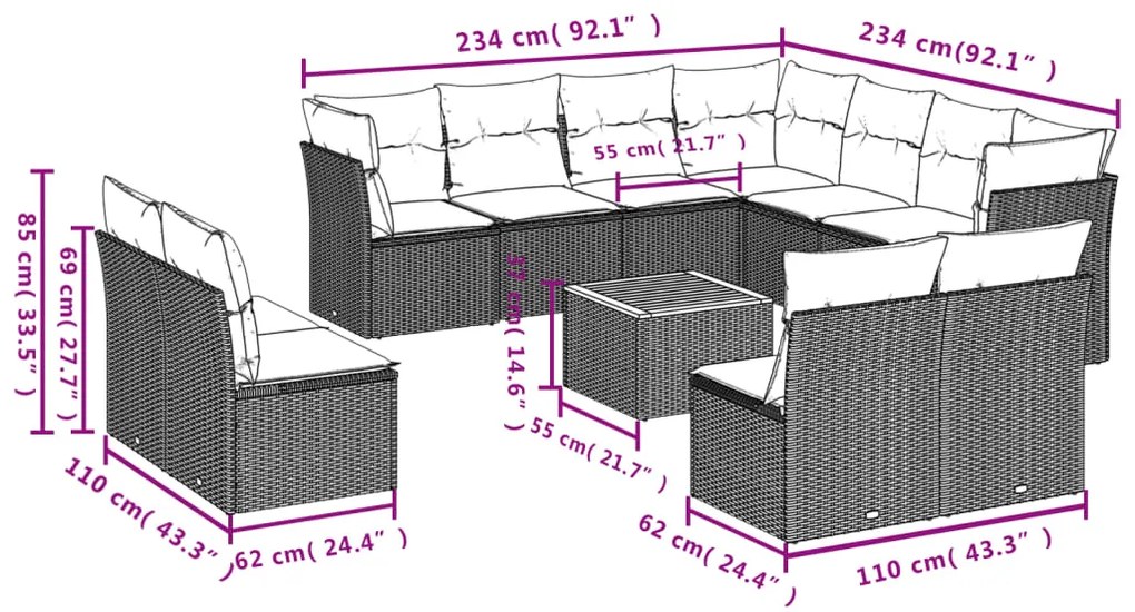 12 pcs conjunto de sofás de jardim c/ almofadões vime PE preto