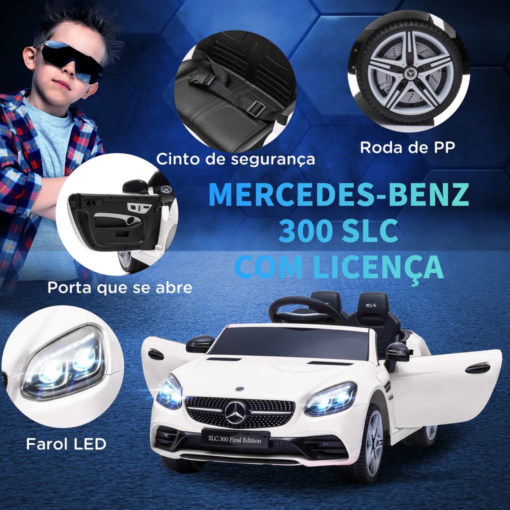 Carro Elétrico Mercedes SLC 300 12V com Faróis LED Buzina Música TF USB e Abertura da Porta 3-5km/h 107x62,5x44 cm Branco