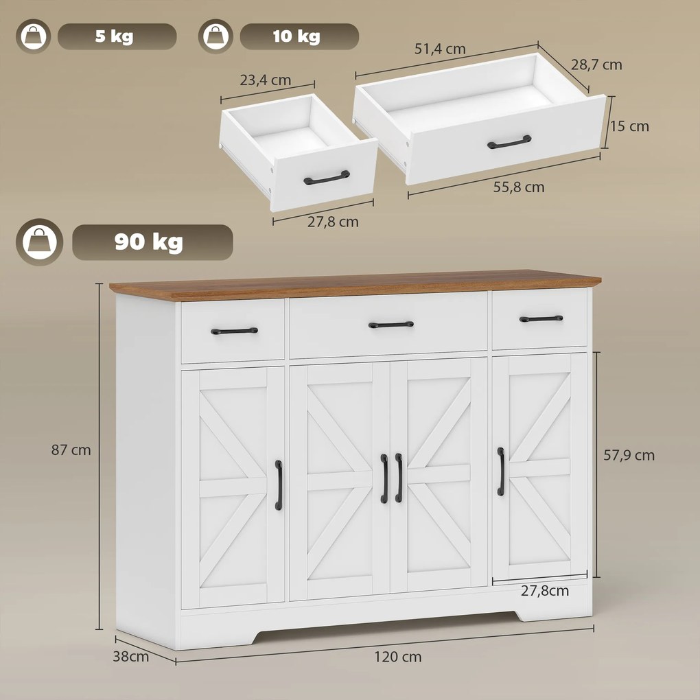 Aparador de Cozinha Rústico 4 Prateleiras de Porta Prateleiras Ajustáveis 3 Gavetas 120x38x87 cm Branco e Cor Nogueira