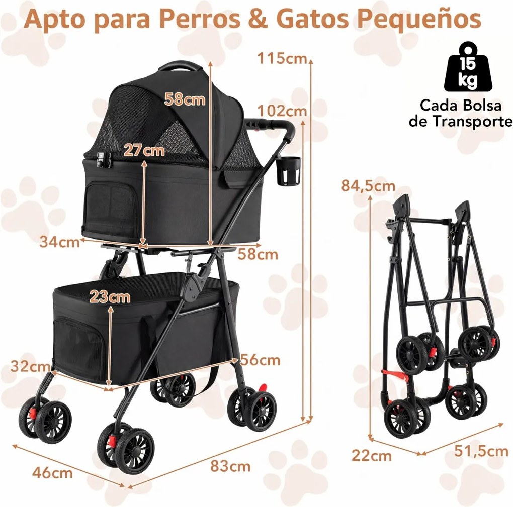 Carrinho duplo para animais de estimação 3 em 1, dobrável, com 2 caixas de transporte removíveis, assentos tipo cadeira de carro, 4 rodas, bloqueio de