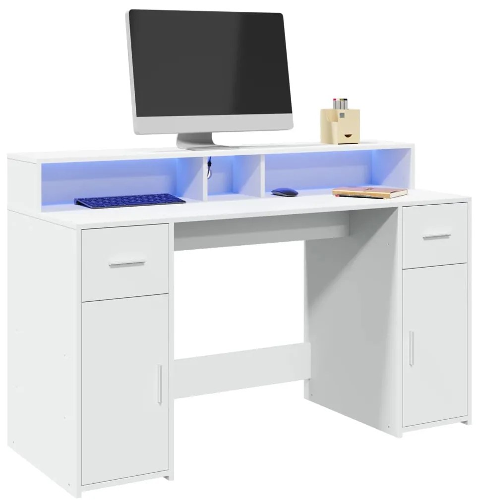 vidaXL Secretária c/ luzes LED 140x55x91 cm derivados madeira branco