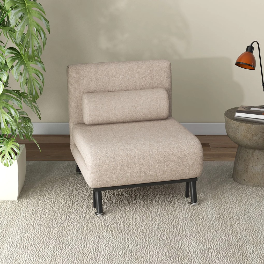Sofá Cama Individual Dobrável Estofado em Linho com Encosto Ajustável em 5 Níveis e Almofada Acolchoada 75x70x75 cm Bege