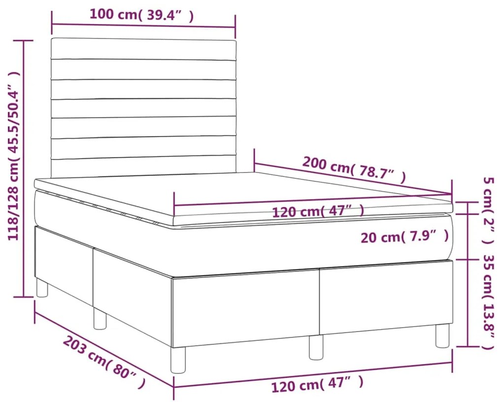 Cama box spring c/ colchão/LED 120x200cm tecido castanho-escuro