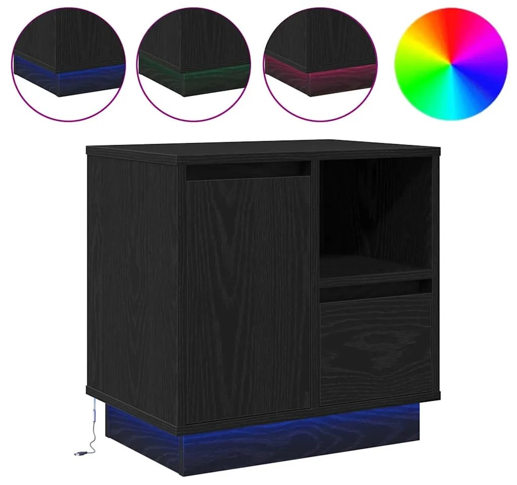 Criado-mudo com LED Carvalho Preto 50x34,5x50 cm