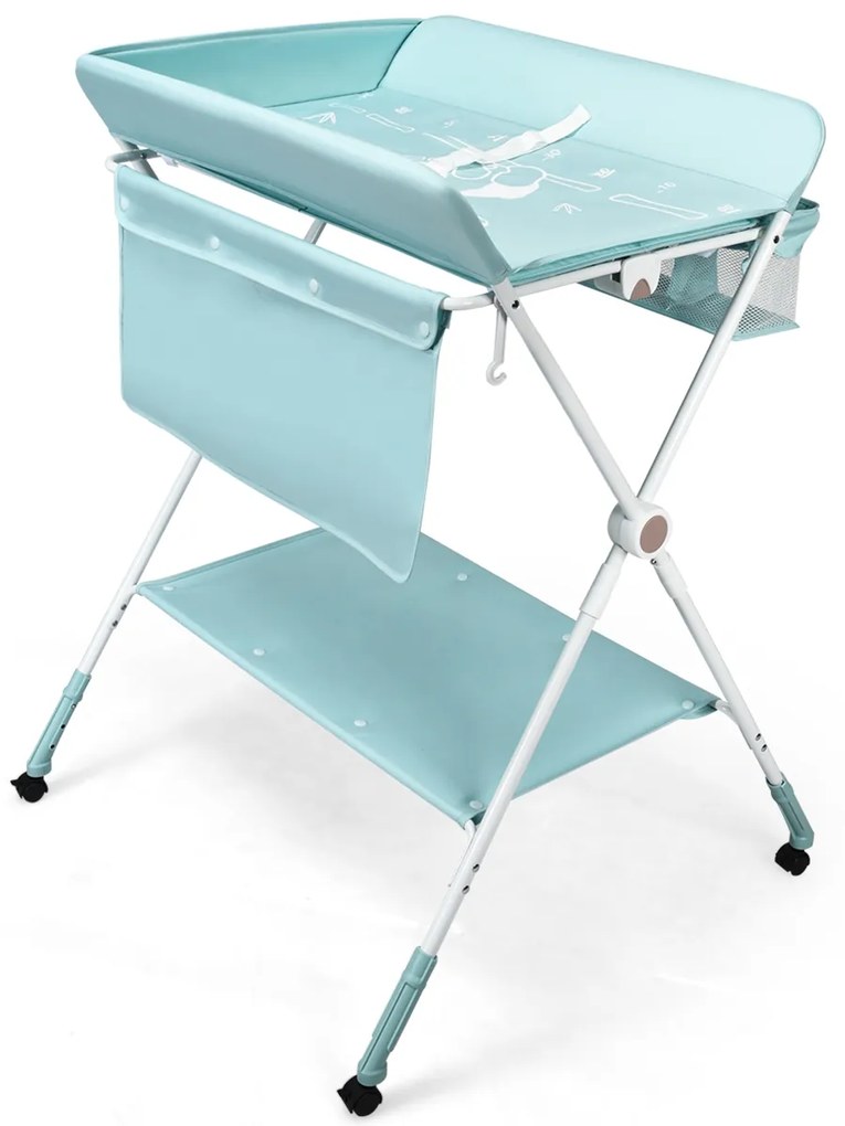 Trocador de fraldas portátil e dobrável para crianças com altura ajustável e 4 rodas flexíveis 75 x 80 x 105 cm Azul