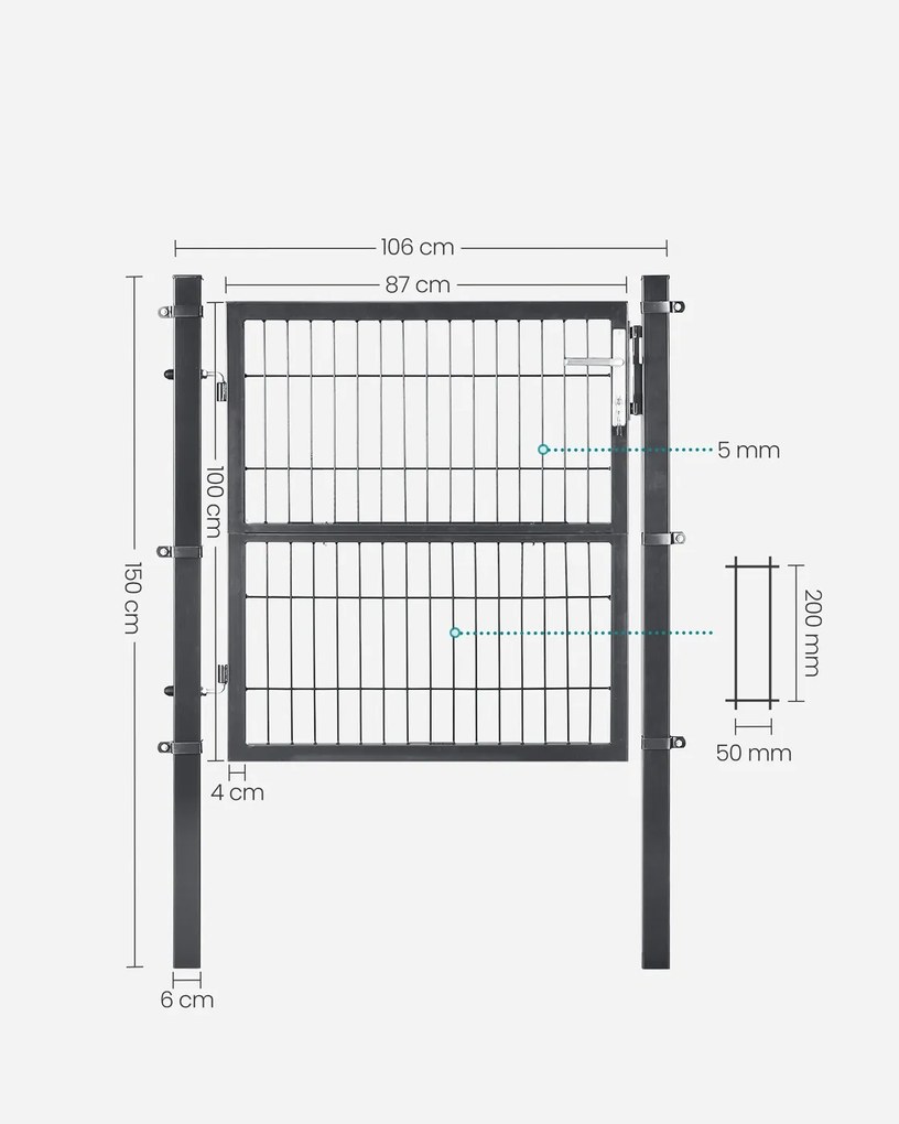 Portão de jardim com fechadura, 106 x 100 cm, em aço galvanizado cinzento
