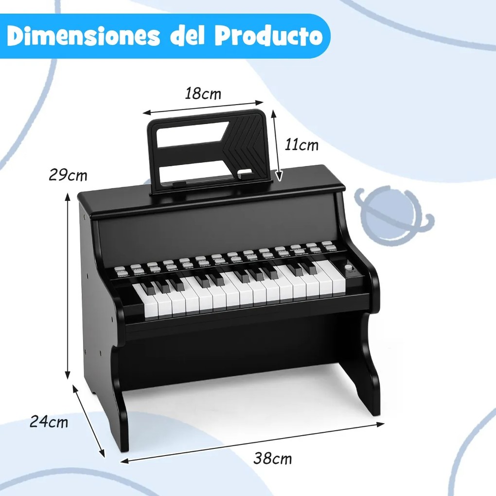 Piano de brincar com 25 teclas para crianças 38 x 24 x 29 cm, com suporte e modo de aprendizagem, velocidade e volume ajustáveis, design em madeira pr