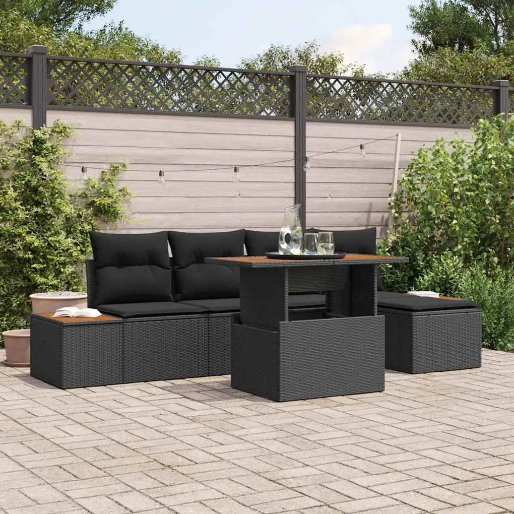 vidaXL Conjunto de Jantar de Jardim de 6 Peças com Almofadas em Rattan Sintético Preto e Acácia