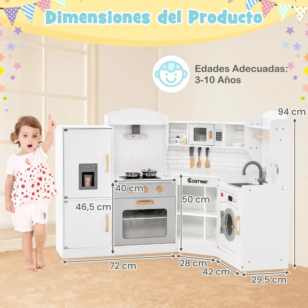Cozinha de Brincar para crianças a partir dos 3 anos com som, luzes, exaustor, frigorífico, micro-ondas, forno, lava-louças, máquina de lavar e acessó