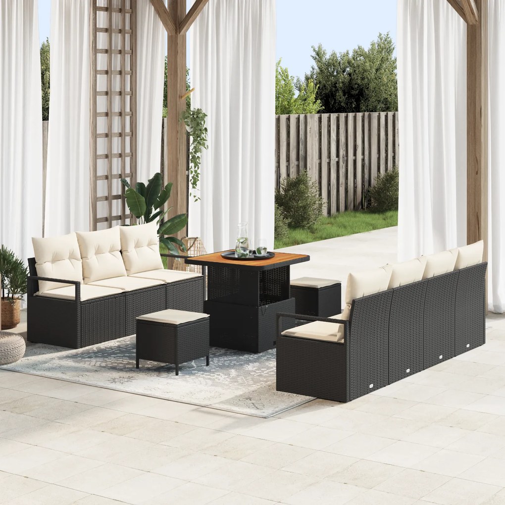 Conjunto de Sofás para Jardim de 10 Peças com Almofadas Pretas de Rattan Sintético e Acácia