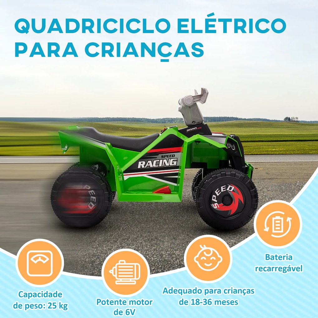 Moto 4 Elétrico para Crianças Veículo Elétrico a Bateria de 6V com Velocidade de 2,5 km/h 70x41,5x48,5 cm Verde