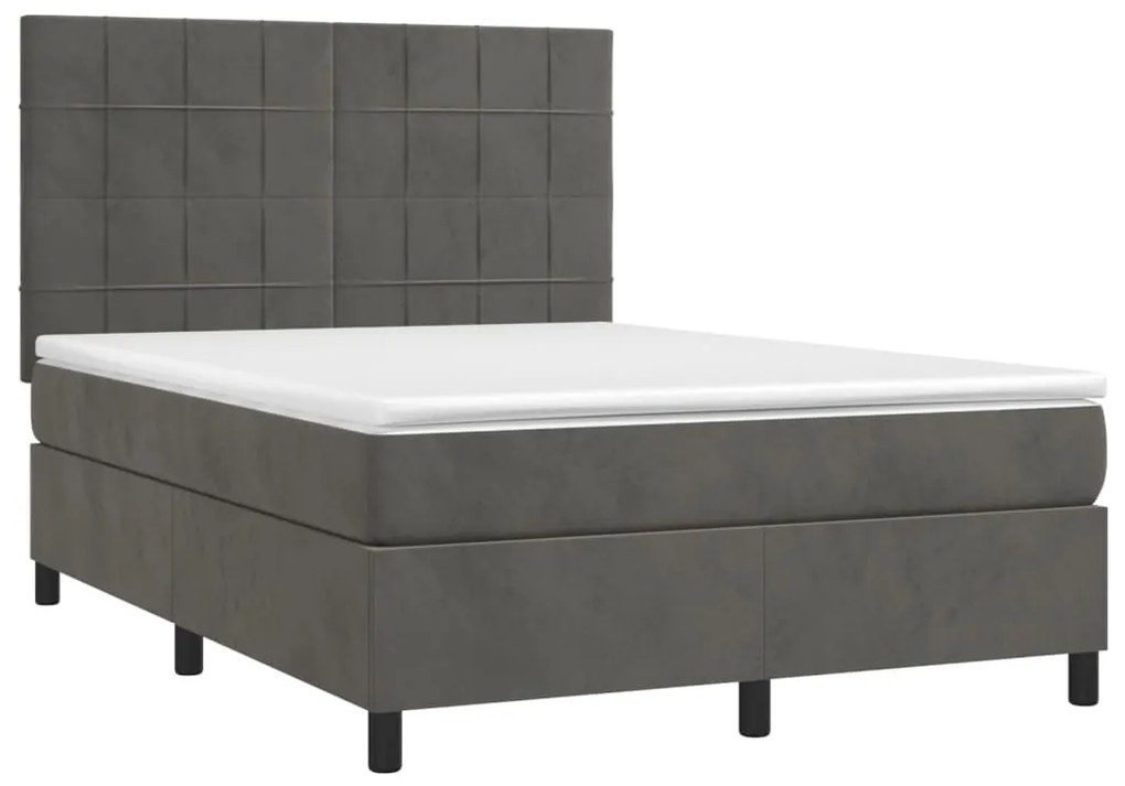 Cama box spring c/ colchão/LED 140x200cm veludo cinzento-escuro
