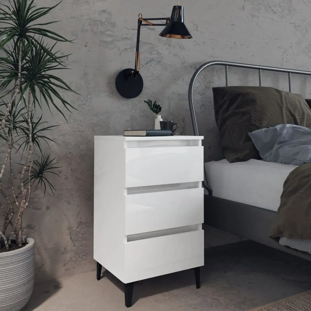 vidaXL Mesa cabeceira c/ pernas metal 40x35x69 cm branco brilhante