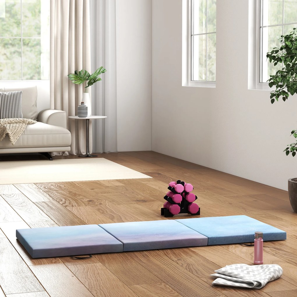 Tapete de Ginástica Dobrável com Espessura de 5 cm Tapete de Exercício 180x60x5 cm com Alças de Transporte Azul Degradê