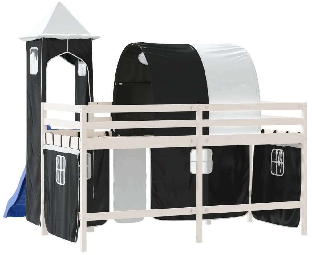 Cama alta criança c/ torre 80x200 cm pinho maciço branco/preto