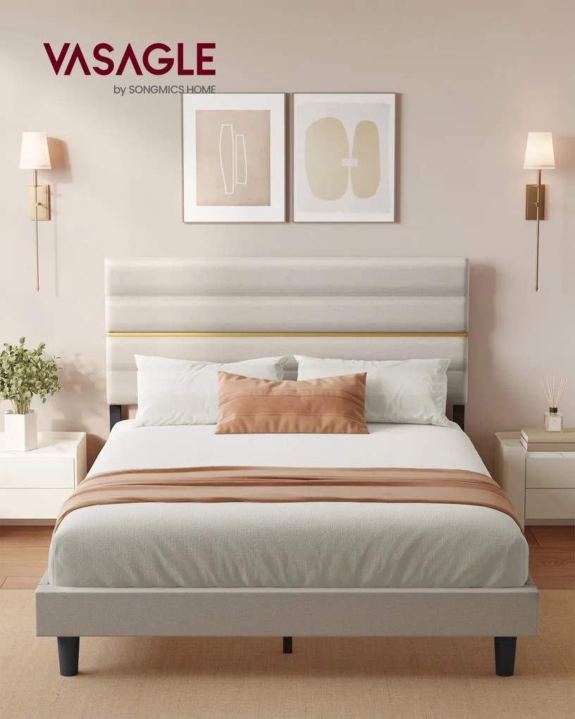 Estrutura moderna para cama de casal 160 x 200 cm (COLCHÃO NÃO INCLUIDO) com cabeceira estofada bege cappuccino
