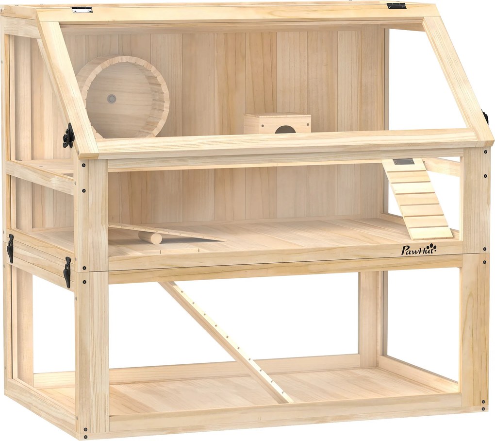 PawHut Gaiola para Hamster em Madeira com 3 Níveis, Base Funda Desmontável, Baloiço, Roda de Exercício, Rampas, Casinha, Natural | Aosom Portugal