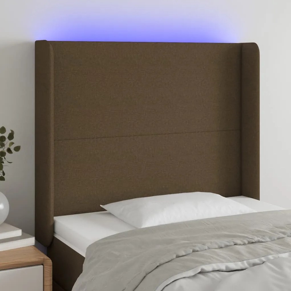 Cabeceira de cama c/ luzes LED tecido 103x16x118/128cm castanho