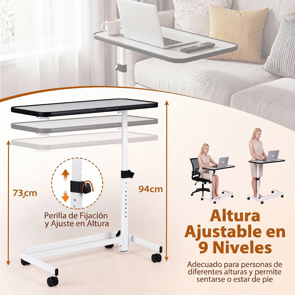 Mesa Auxiliar em Forma de C para Sofá e Cama, 80,5 x 40,5 x 73-94 cm, Altura Ajustável em 9 Níveis, Branco